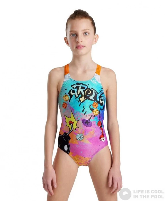 Arena Girls Swimsuit V Back Placement Black/Mango 4 Arena Girls Swimsuit V Back Placement Black/Mango - Image 2